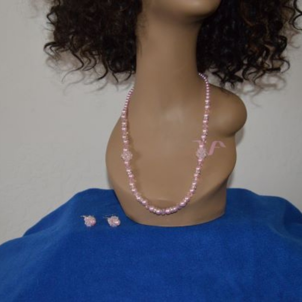 Pink bead and rhinestone necklace and earrings